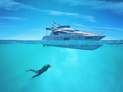 Diver near a cruise ship.