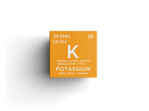 Potassium. Kalium. Alkali metals. Chemical Element of Mendeleev's Periodic Table. Potassium in square cube creative concept.