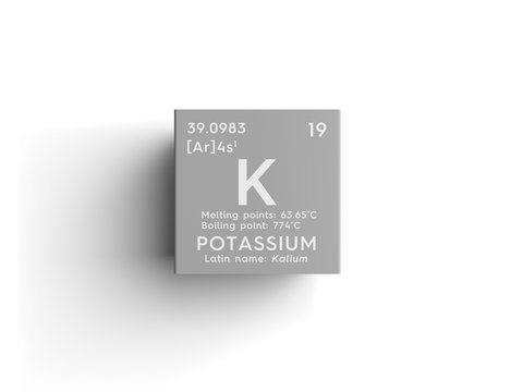 Potassium. Kalium. Alkali metals. Chemical Element of Mendeleev's Periodic Table. Potassium in square cube creative concept.