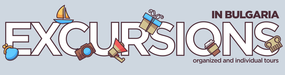 organized excursions, vector banner wirth landmarks and touristic objects