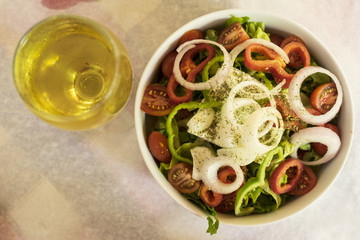 Greek salad and white wine