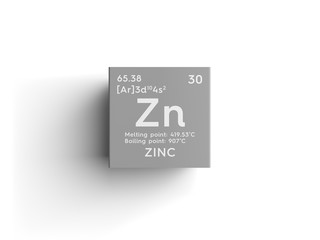 Zinc. Transition metals. Chemical Element of Mendeleev's Periodic Table. Zinc in square cube...