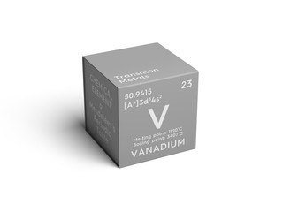Vanadium. Transition metals. Chemical Element of Mendeleev's Periodic Table. Vanadium in square...
