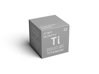 Titanium. Transition metals. Chemical Element of Mendeleev's Periodic Table. Titanium in square cube creative concept.