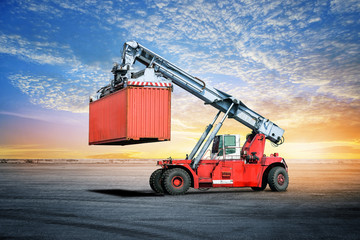  Logistics import export background of container handling forklifts at the dock