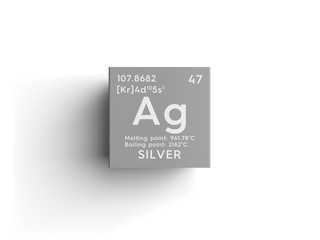 Silver. Transition metals. Chemical Element of Mendeleev's Periodic Table. Silver in square cube creative concept.