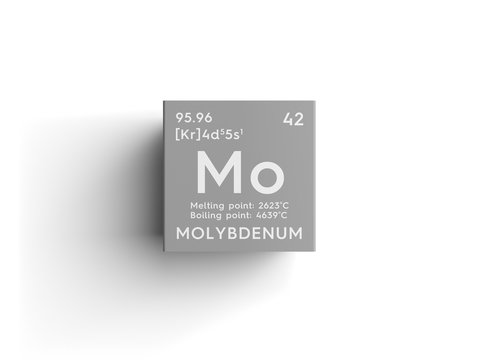 Molybdenum. Transition metals. Chemical Element of Mendeleev's Periodic Table. Molybdenum in square cube creative concept.