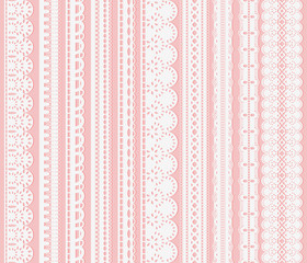 Set of seamless lattice borders. Ten white lace ribbons isolated on pink background.