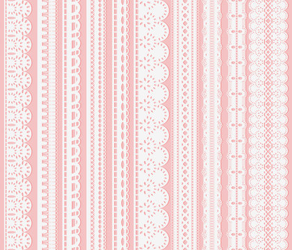 Set of seamless lattice borders. Ten white lace ribbons isolated on pink background.