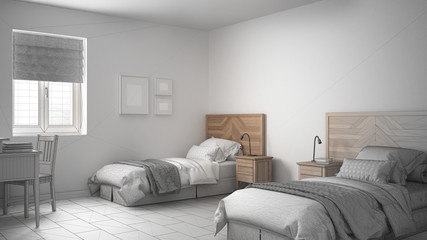 Unfinished project of scandinavian vintage bedroom with two beds, sketch abstract interior design
