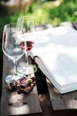Glasses with red and white wine, pieces of chocolate, book