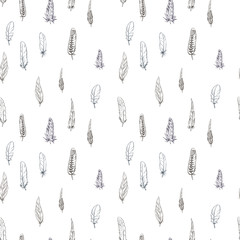 Seamless pattern with contour detailed bird feathers. Vector illustration.