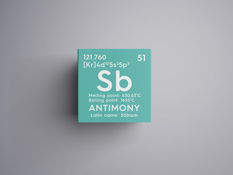 Antimony. Stibium. Metalloids. Chemical Element of Mendeleev's Periodic Table. Antimony in square cube creative concept.