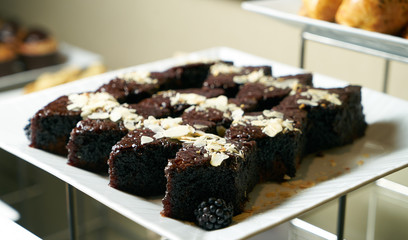 Delicious chocolate cakes with nuts and syrup on white plate close-up