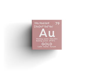 Gold. Aurum. Transition metals. Chemical Element of Mendeleev's Periodic Table. Gold in square cube...