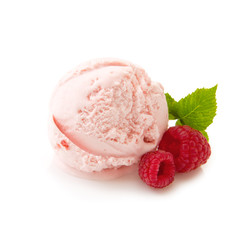Ice cream with Raspberries on white background.