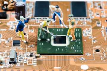 close up of Bitcoin money mining on graphic card,we see the technology of the mainboard,which is...