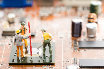 close up of Bitcoin money mining on graphic card,we see the technology of the mainboard,which is...