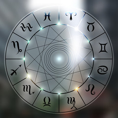 Magic circle with zodiacs sign on blurred photo of city.