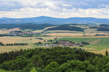 Fototapeta na wymiar Panoramatic view to village Kojecin from castle tower. Czech landscape.