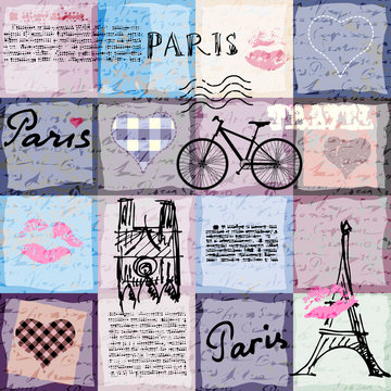 Seamless background pattern. Retro scrapbook collage Paris.