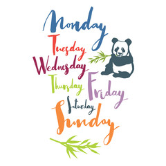 Fototapeta na wymiar Panda font Days of the week Handwritten calligraphy Colorful set