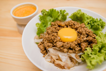 fried noodle with chicken meat and egg, Thai food, Chinese food