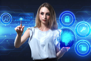 The concept of business, technology, the Internet and the network. A young entrepreneur working on a virtual screen of the future and sees the inscription: Protect your password