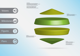 3D illustration infographic template with two cylinders between two cones horizontally arranged