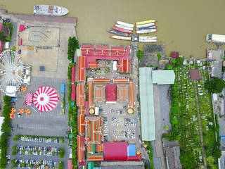 Aerial view from the drone on the Asiatique The Riverfront around the same ferry station