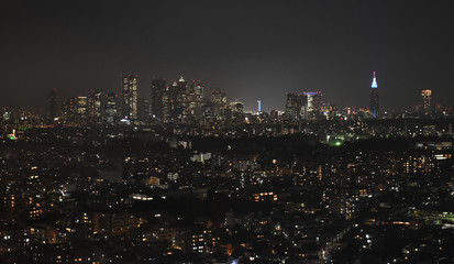 日本の東京都市景観・夜景（新宿の高層ビル群などを望む）