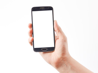 Hand holding smart phone on white background