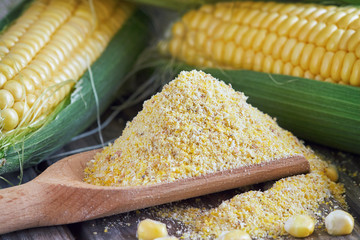 Organic maize flour in wooden scoop with fresh corn © nedim_b
