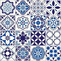 Deurstickers Portugese tegeltjes Vector tegelpatroon, Lissabon bloemenmozaïek, Mediterraan naadloos marineblauw ornament