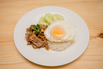 Pork fried garlic with rice and fried egg, Thai food