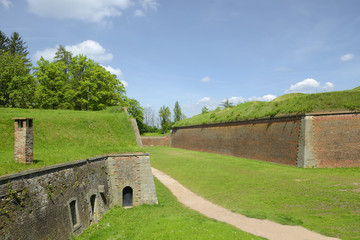 Main defensive wall, fortress town Josefov near Jaromer. Circumference of fortress skired around a...
