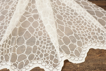 Close up of Beautiful White Tulle. Sheer Curtains Fabric Sample. Texture, Background, Pattern....