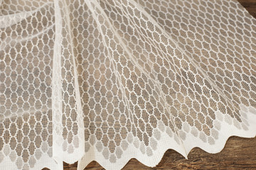 Close up of Beautiful White Tulle. Sheer Curtains Fabric Sample. Texture, Background, Pattern....