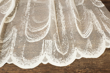 Close up of Beautiful White Tulle. Sheer Curtains Fabric Sample. Texture, Background, Pattern. Wedding Concept. Interior Design. Vintage Lace Tulle Chiffon