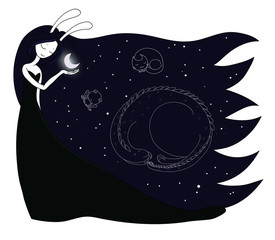 Hand drawn vector illustration of a moon goddess with bunny ears holding moon in her palm, with constellations of dragon, cat and frog in the sky.