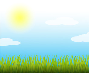 Obraz premium Summer&nbsp;sunny&nbsp;vector illustration. Blue sky and light&nbsp;clouds.&nbsp;Natural background&nbsp;with bright&nbsp;sun and green&nbsp;grass.&nbsp;