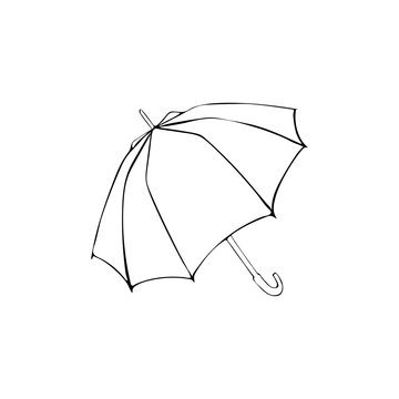 Opened umbrella sketch. Vector hand drawn illustration. Black element isolated on white background. Coloring page or print design. Line art.