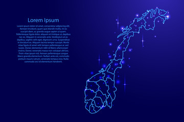 Map Norway from the contours network blue, luminous space stars of vector illustration