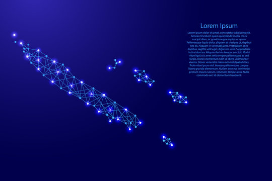 Map of New Caledonia from polygonal blue lines and glowing stars vector illustration