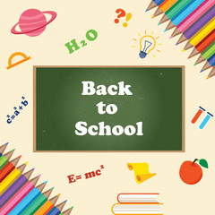 Back to school banner with stationery and chalkboard