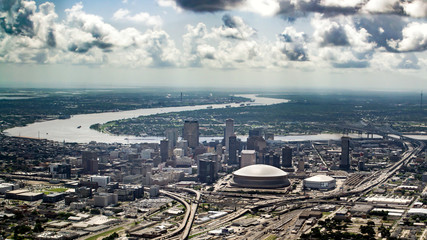 Aerial view of Mississippi river and Downtown, New Orleans, Louisiana