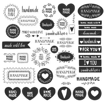 Handmade labels. Made with love icons. Vintage design elements. Vector. Isolated.