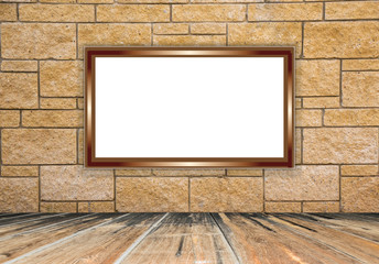 Mocap, a blank white screen with a beige frame in light natural brick wall in the center and a wooden table, mock up