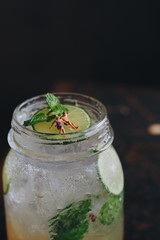 Couple miniature people relax on piece  of lime slice,travel concept 
