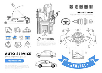 Auto service contour line composition. Technology operations. Diagnostics machine centre. Mechanic worker on station. Awesome big set thin style. Automobile pictogram and icons elements for web.